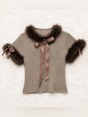 Michaels Cream and Brown Ribbed Top with Faux Fur Collar and Bow